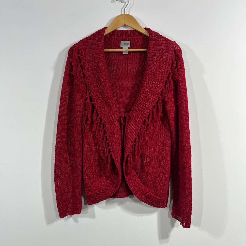 Chicos Artsy Boho Fringe Shawl Collar Cardigan Sweater Size 1 Linen Blend Hippie